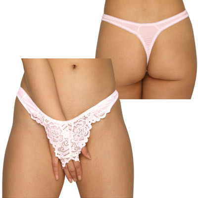 トリコット&レース生地オープンクロッチTバック ピンク